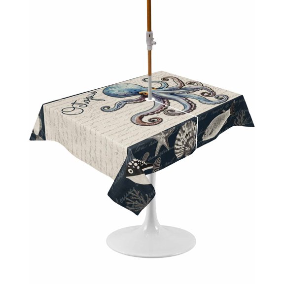 Outdoor Table Cloth with Umbrella Hole and Zipper, Coastal Octopus Waterproof Rectangle Tablecloth 54"x80", Nautical Ocean Beach Fish Starfish Washable Table Cover for Outside Party Patio Picnic