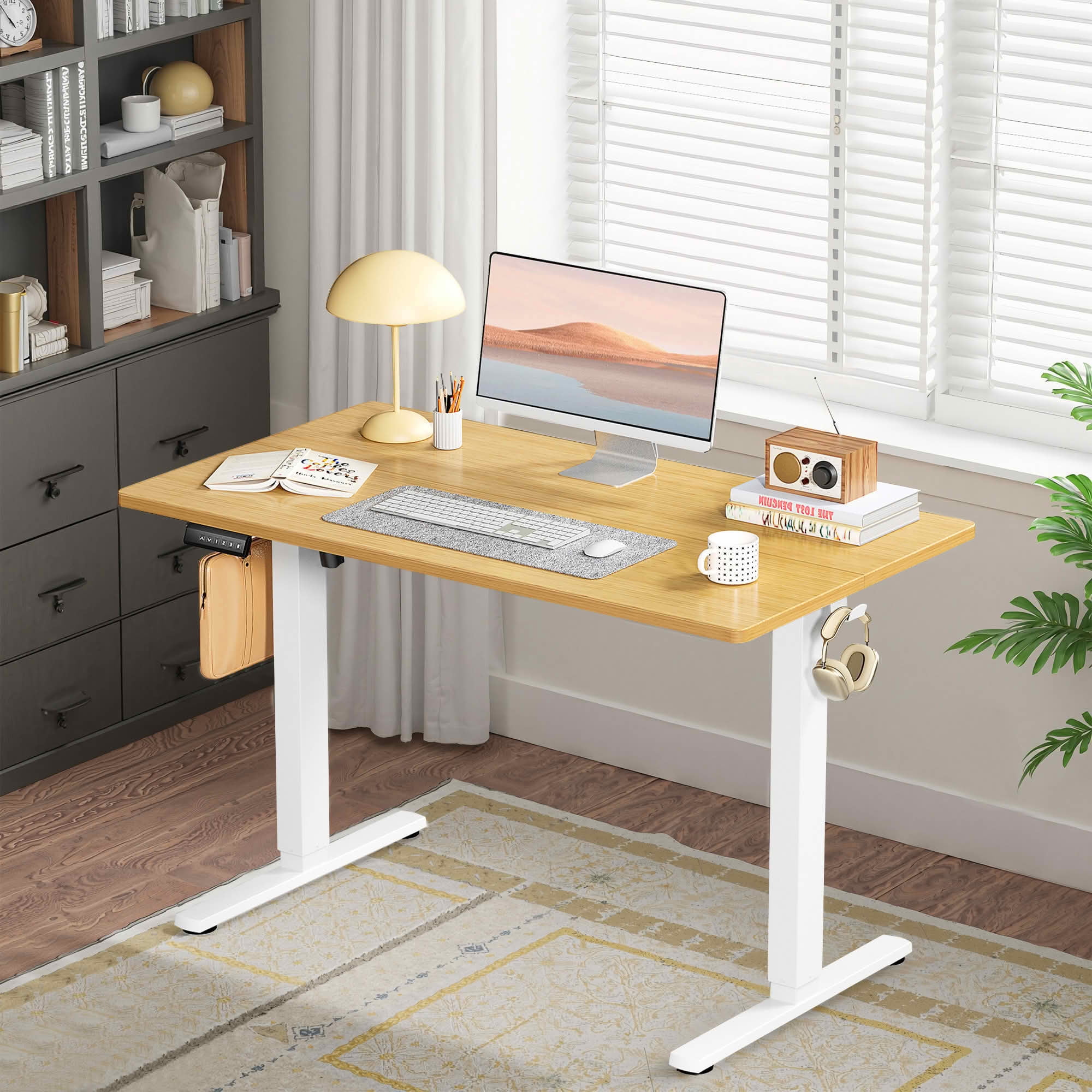 MAYEERTY 40x24 Ergonomic Height Adjustable Desk, T-Shaped Metal Bracket, Computer Workstation, Oak