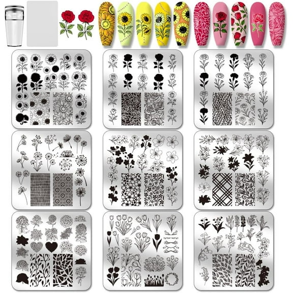 PH 9pcs Floral Theme Nail Stamping Plates Sunflowers Nail Art Designs Rose Tulip Manicure Art Stencil Bouquet Nails Design Template with Stamper and Scraper for Manicures Salon Printing grey