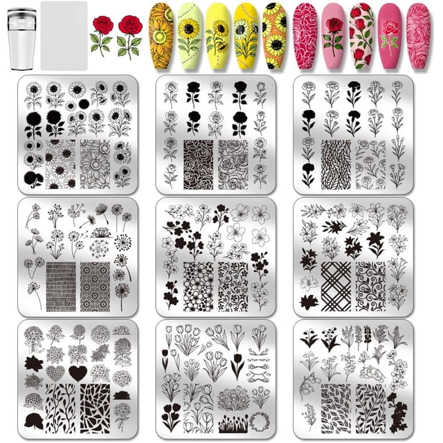 Juego de 9 placas para estampar uñas con temática floral: girasoles, rosas, tulipanes y ramos. Incluye estampador y raspador.