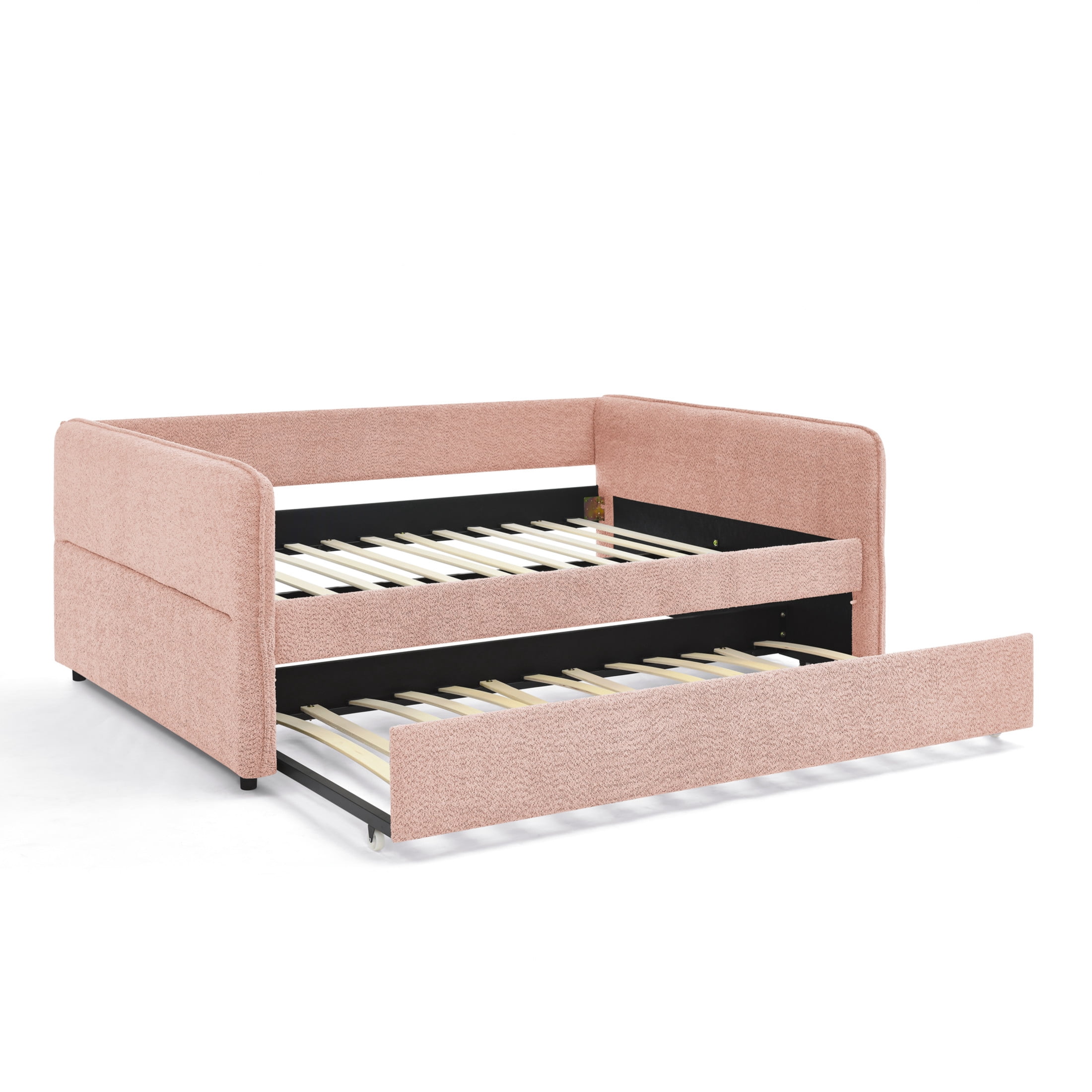 Noble House Zenton Full Size Boucle Daybed, Tufted Sofa Bed Frame with Trundle, Modern Guest Sleeper Couch, Pink