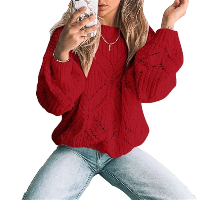 EGNMCR Pull à Col Rond pour Femmes, Pull pour Femmes, Haut à Manches Ajourées en Plumes, Blouse de Mode, Pull Women Sweater