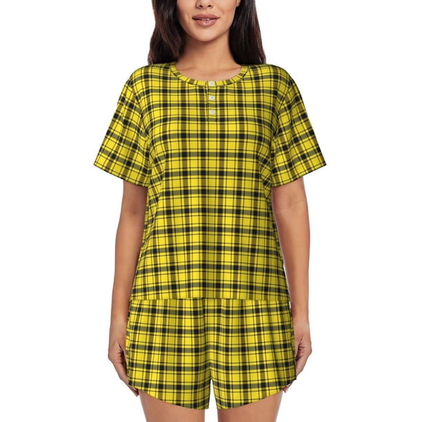Balery Yellow Checkered Plaid Conjunto de Pijama para Mujer con Estampado, Dos Piezas de Manga Corta y Shorts, Ropa de Dormir Suave con Cuello Redondo y Bolsillos-Large