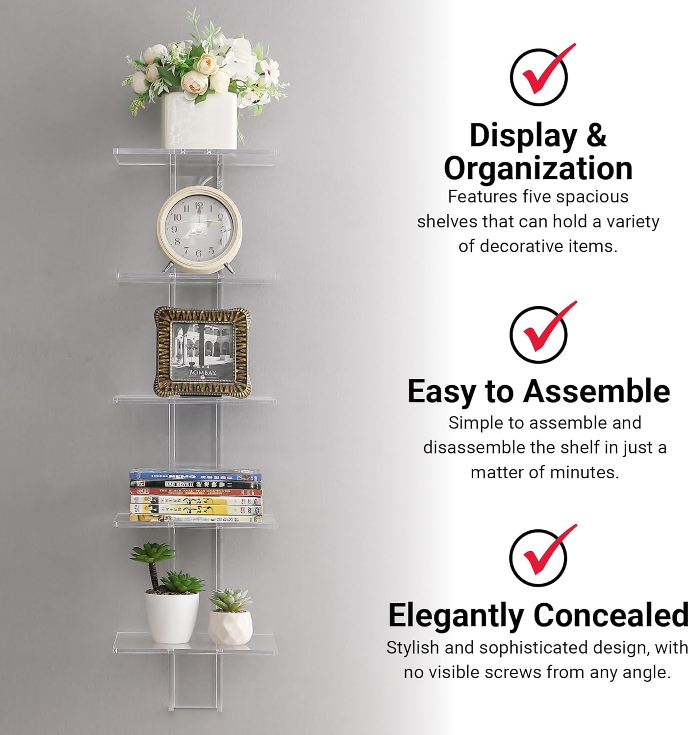 Proman Products Mounted Spine Bookshelf,Wall Mounted Shelves, Spine Book Tower Decor, 8" D x 9.5" W x 37" H, Clear Acrylic