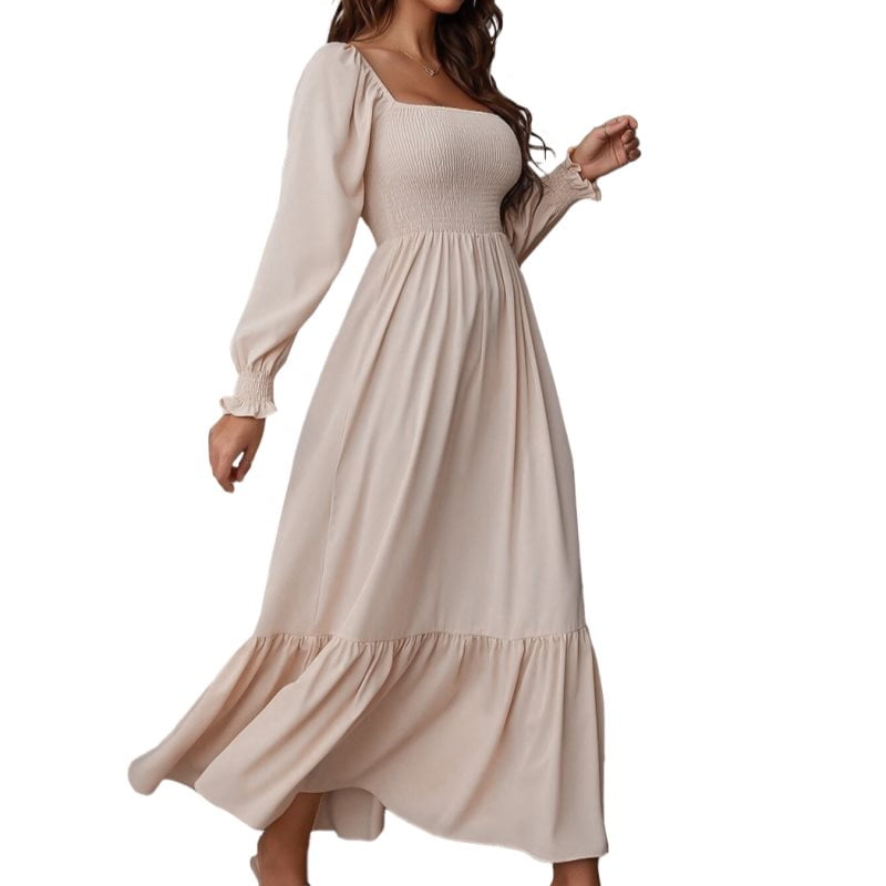 beige frill sleeve maxi dress Women's Square Neck Shirred Ruffle Hem Long Sleeve Maxi Dress, Beige, Small
