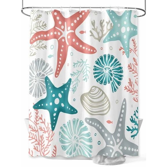 Shower Curtain Teal Starfish Shower Curtains for Bathroom, Waterproof Polyester Shower Curtain Set with Hooks, Small Stall Size 36" x 72" Marine Life Ocean Coastal Coral