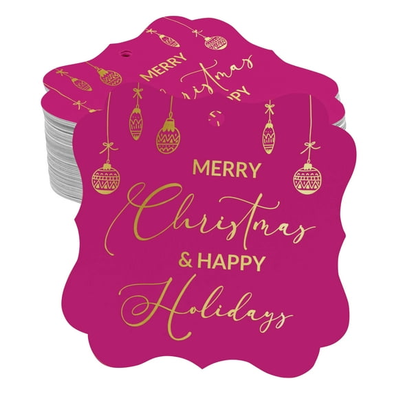 Inkdotpot Hang Tags Merry Christmas & Happy Text Favor Bracket Shape Gift Tags Real Gold Foil Bonbonniere Tag Pack Of 100