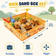 Billeeit Sand Construction Kit with 2.2lbs Play Sand for Kids Ages 3+, 15x15 in Large Sandbox, 4 Press to Go Trucks & DIY Stickers, Castle Molds, 32PCS Total Accessories, Creative Sand Play Set