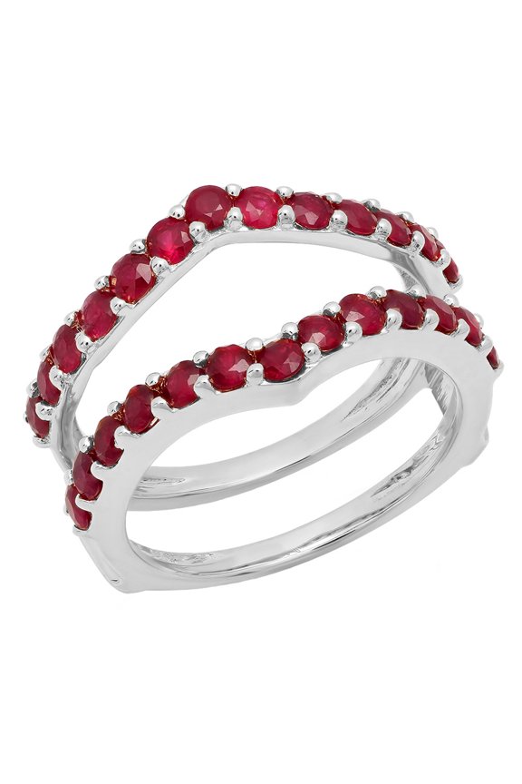 Collection 0.95 Carat (ctw) 14K Round Ruby Ladies Wedding Enhancer Guard Double Band 1 CT, White Gold, Size 4