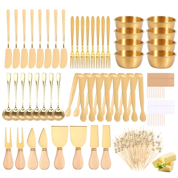 188Pcs Gold Charcuterie Boards Accessories, Gift Box Packaging, With Dip Bowls, Wooden Handle Cheese Spreader Butter Knive Set, Mini Tongs, Spoons, Forks,Honey Dipper, Cocktail Pick