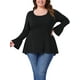 thumbnail image 1 of Blusa de túnica de mujer plus size Agnes Orinda con dobladillo alto-bajo, mangas largas de campana, cuello redondo, top casual acampanado 2X negro, 1 of 6