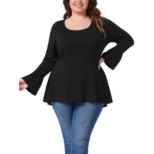 Blusa de túnica de mujer plus size Agnes Orinda con dobladillo alto-bajo, mangas largas de campana, cuello redondo, top casual acampanado 3X negro