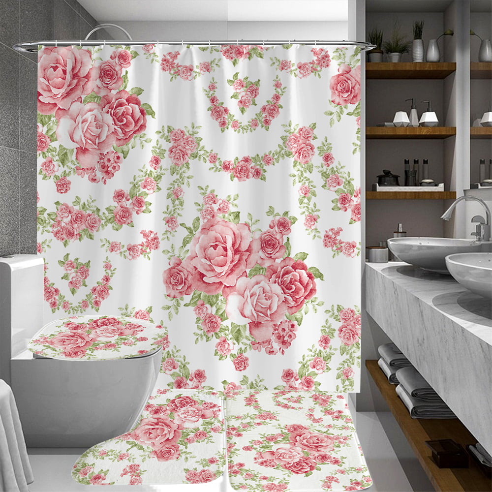 Green Rose Shower Curtain Bathroom Decor Bath Curtains 12 Hooks 180X180cm 