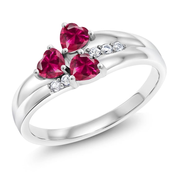 Gem Stone King 925 Sterling Silver Red Created Ruby and White Created Sapphire 3-Stone Ring for Women (0.98 Cttw, Heart Shape 4MM, Gemstone July Birthstone, Size 7)
