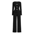 thumbnail image 4 of LEKWK Lounge Sets for Women Ribbed Long Sleeve Slim Fit Top with Cute Bows and Wide Leg Pants Matching Outfits 2 Piece Casual Sleepwear, 4 of 9