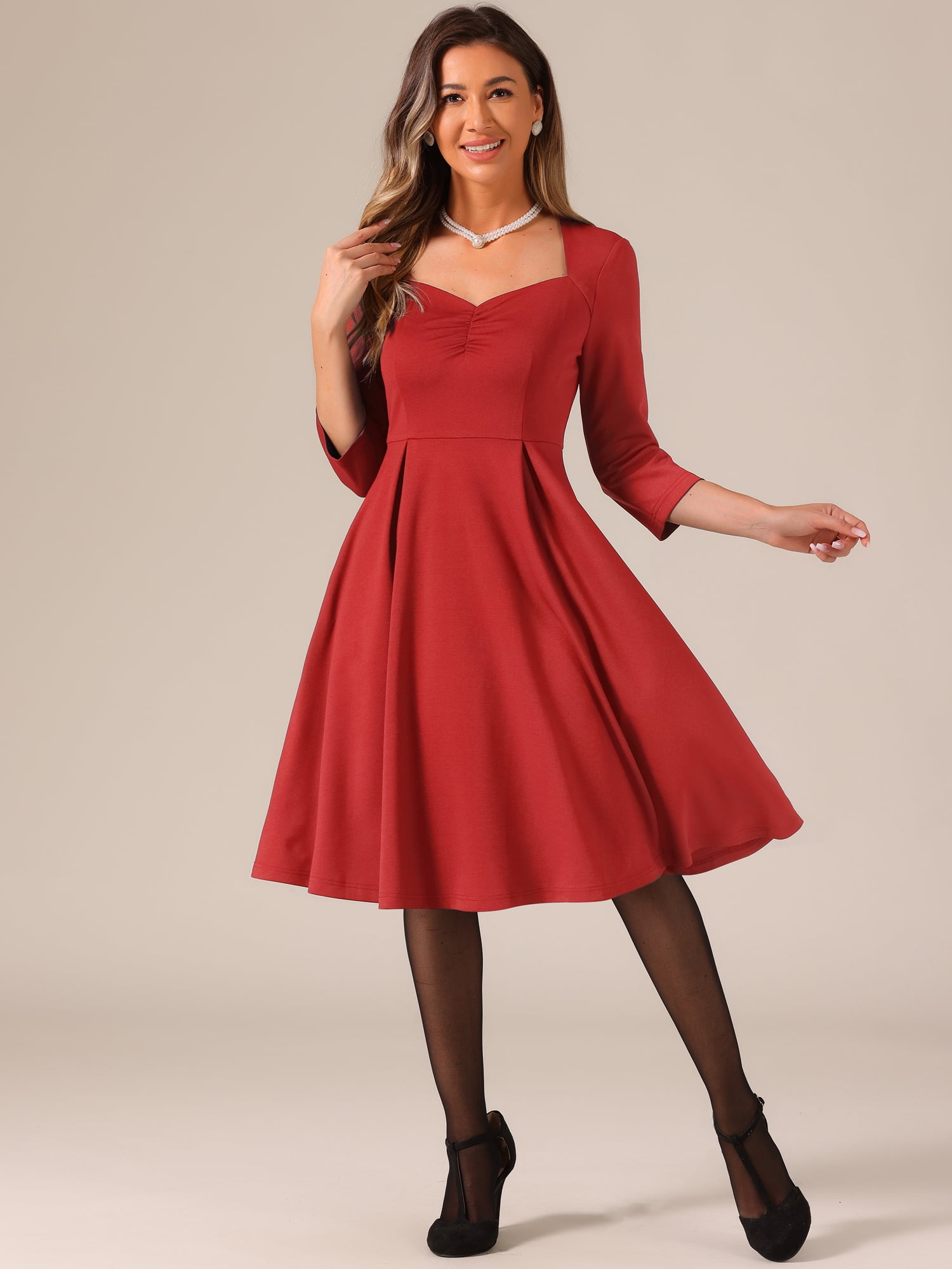 DARING DIVA Women's 3/4 Sleeve High Waist A Line Pleated Midi Dress XS Red