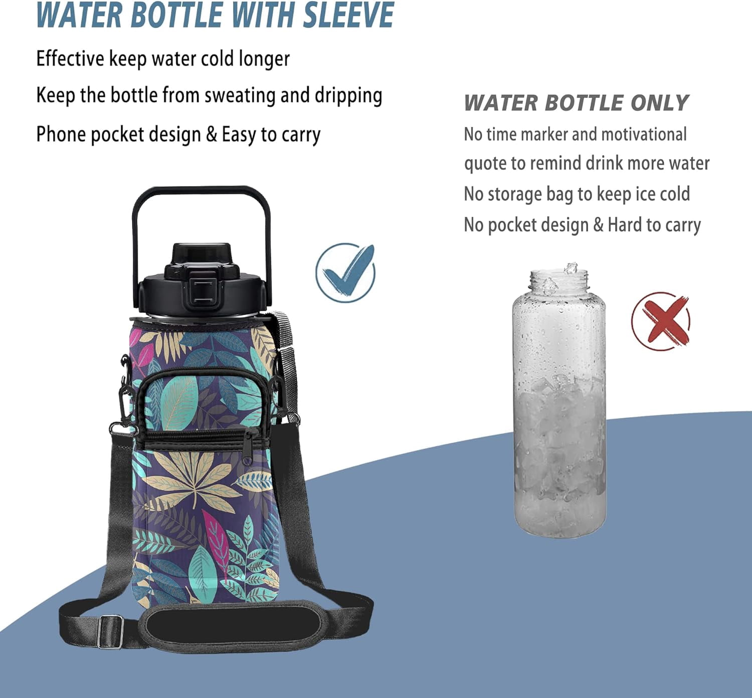 Tropical Leaves Half Gallon Water Bottle with Sleeve 1/2 Gallon Water Bottle 64 Oz Water Bottle with Time Marker, Motivational Water Bottle Half Gallon Water Bottle with Straw for Women Gym Pregnance