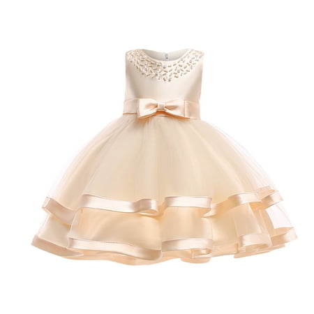 

Awdenio Girls Dresses Toddler Girls Solid Color Pearl Net Yarn Bowknot Birthday Party Flowers Gown Kids Dresses