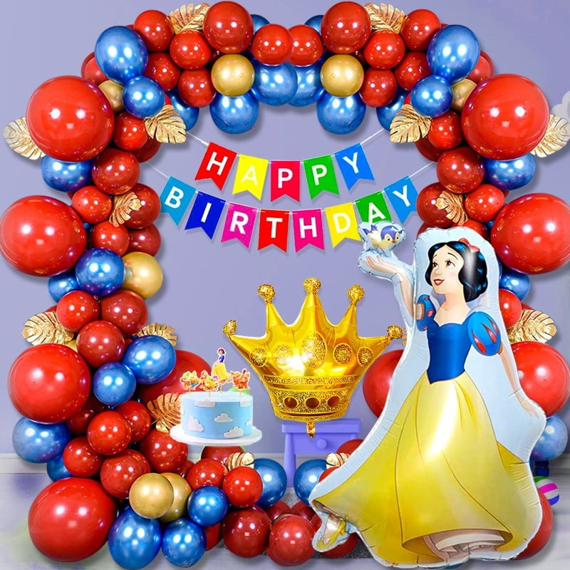 MMTX Princess Birthday Party Supplies, Snow White Theme Red Blue Gold Balloon Arch Garland with 3D Snow White Foil Balloon for Girl Birthday Party Baby Shower