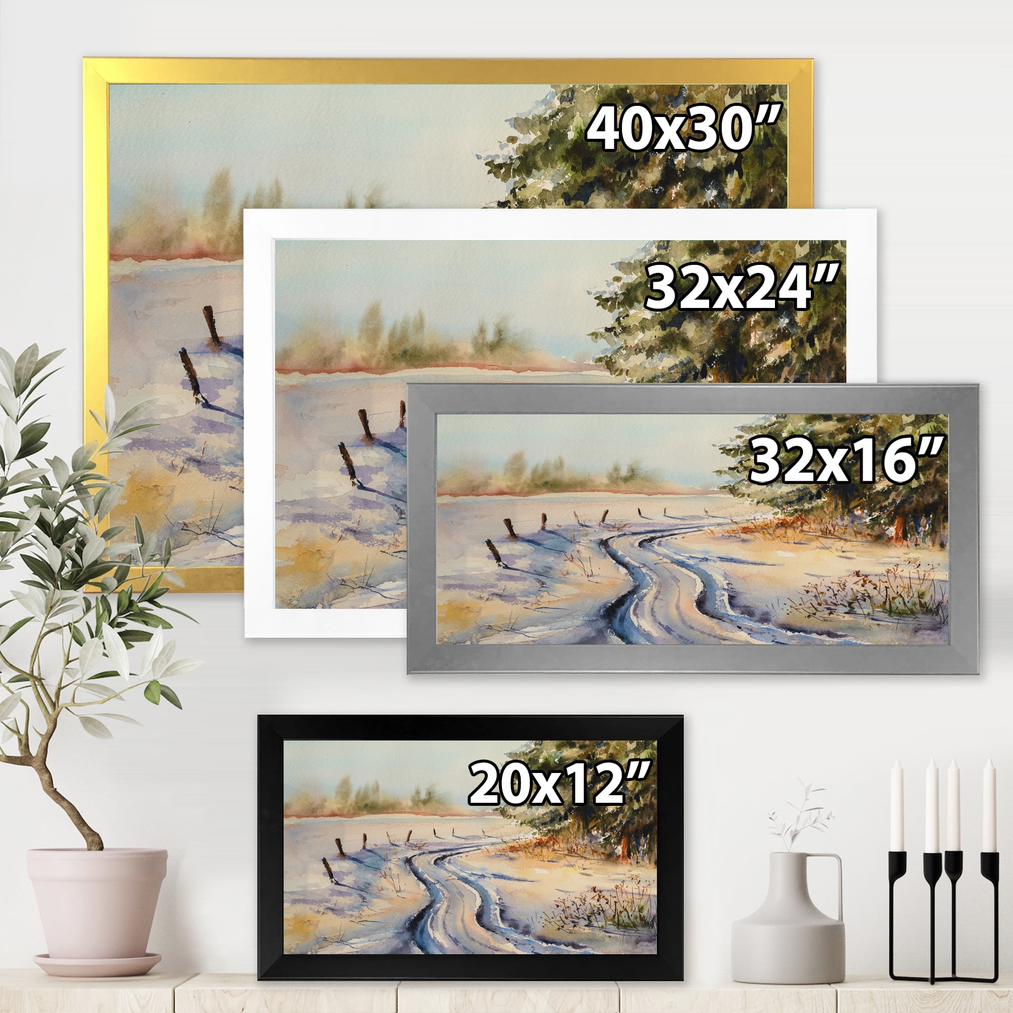 Designart 'Snowy Winter Forest Landscape Rural Road In Snow' Traditional Framed Art Print