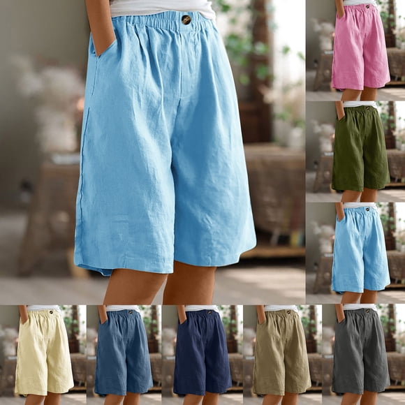 QATAINLAV Women Linen Shorts 7 Inch Inseam, Summer Loose Fit Wide Leg Short Pants Solid Casual Elastic Waist Beach Shorts Knee Length Bermuda Shorts with Pockets Deal of the Day Sky Blue XXL