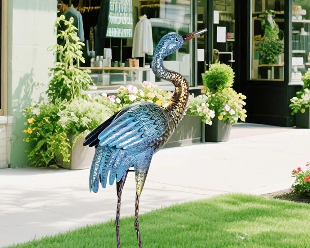 House of Avana Blue Gold Metal Crane Garden Sculpture Elegant Outdoor Decor