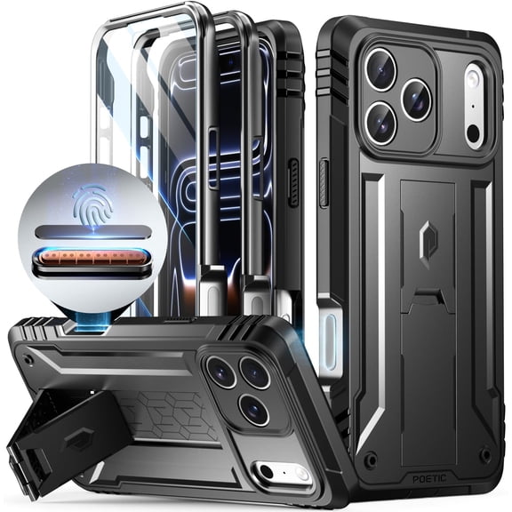 POETIC for iPhone 17 Pro Max Case with Camera Control Capture Button, [Built-in Stand] [Built-in Screen Protector] Full-Body Military Grade Rugged Phone Case for iPhone 17 Pro Max, Black