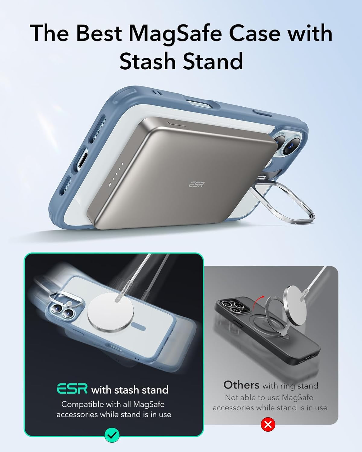MHAWBL-for iPhone 16 Case, Compatible with MagSafe, Military-Grade Protective Case, Built-in Stash Stand Phone Case, Scratch-Resistant Back Cover, Classic Series, Clear Blue