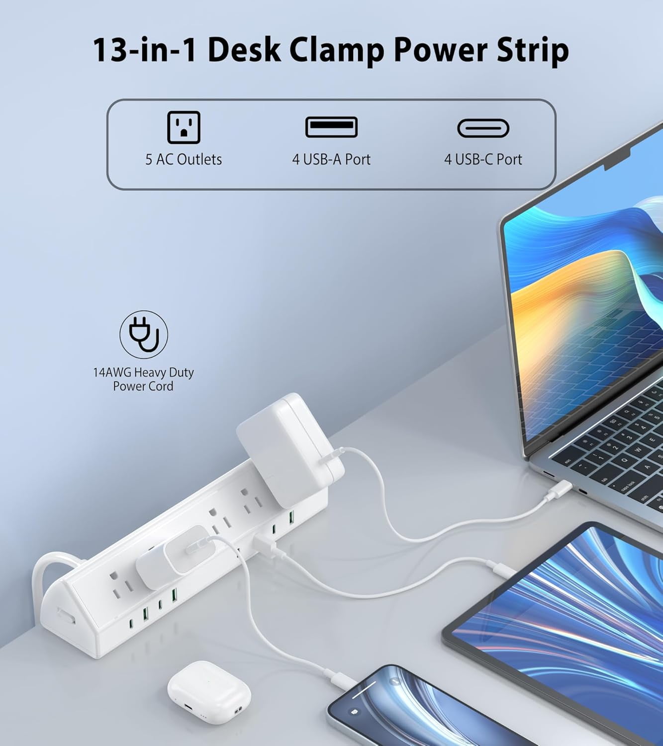 45W Fast Charging Station Desk Clamp Power Strip with 4 USB-C & 4 USB-A Ports, Surge Protector, 1875W Extension Cord, 6 FT, ETL Listed for Home Office Dorm, White