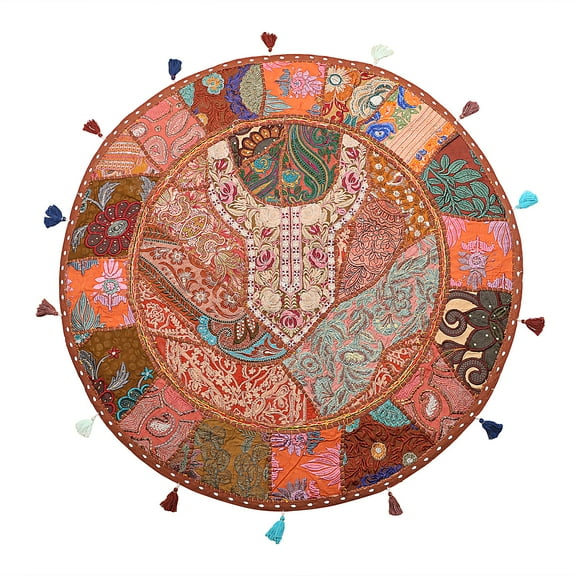 Stylo Culture Ethnic Floor Pillow Cushion Cover Vintage Patchwork Boho Seating Brown 32x32 Large Decorative Round Decor Seating Tuffet Seat Pouf Cover Footstool Cotton Embroidered 1 Pc