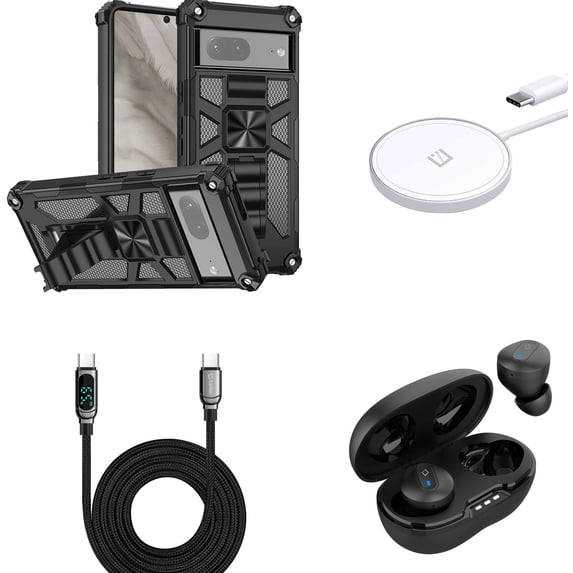Accessories Bundle for Google Pixel 7a - (Black) Heavy Duty Armor Rugged Magnetic Mount Stand Case, Earbuds, 15W Magnetic Wireless Charger, Digital LED USB-C to USB-C Cable (3.3 Feet)