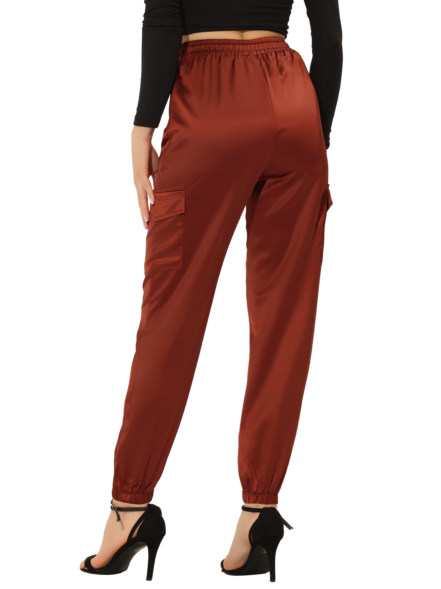 DARING DIVA Women's Drawstring Elastic High Waist Satin Cargo Pants S Brown