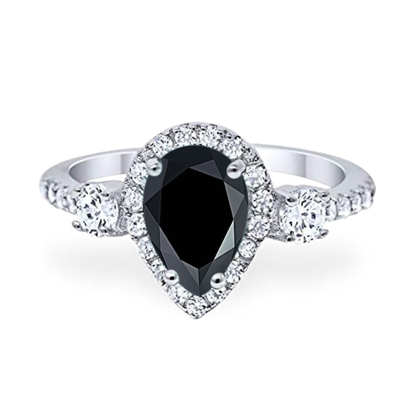 Natural Black Onyx Size-5 Three Stone Art Deco Pear Teardrop Vintage Style Halo CZ Wedding Engagement Ring 925 Sterling Silver Gift For Her