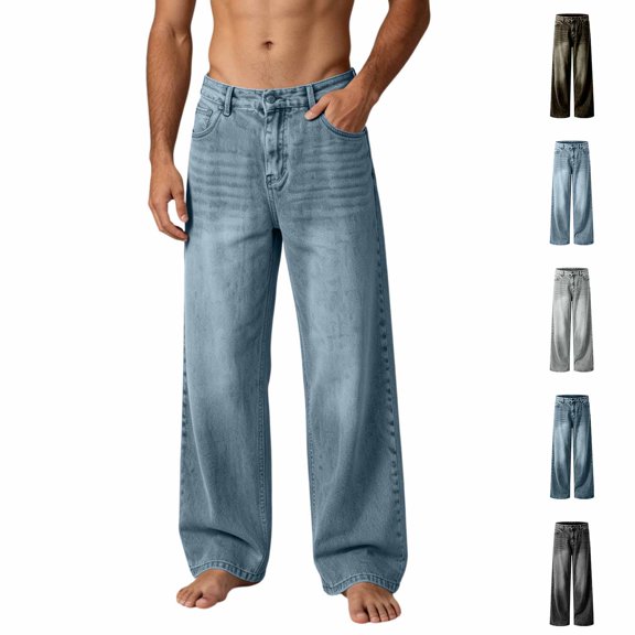 Fanshiluo Men's Washed Wide Leg Jeans, Mid Rise Loose Fit Vintage Denim Trousers,L,Big and Tall Men