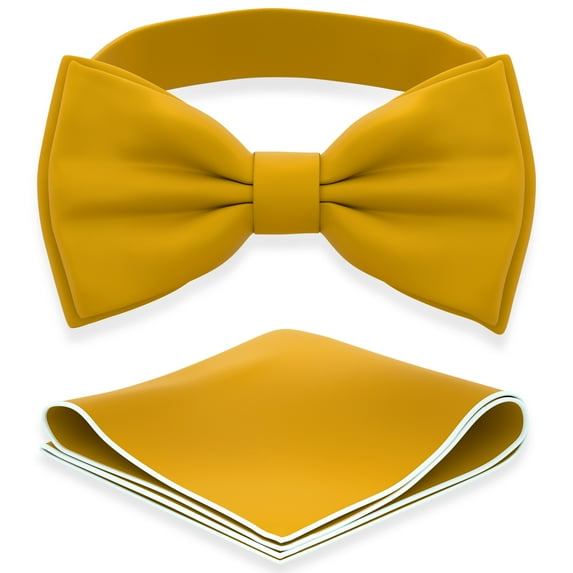 Men's Goldish Bow Tie with Handkerchief Set Pre-Tied Style Formal Satin Classic Bowtie for Tuxedo Faux Silk, by Adam Young (Large, Gold)