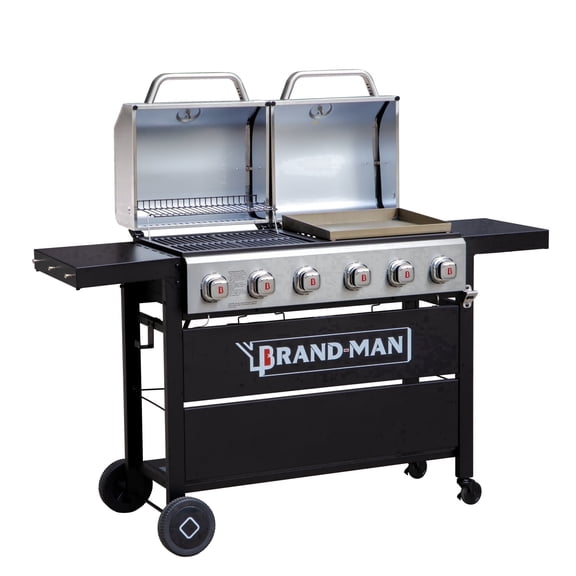 Brand Man Propane 6-Burner Combo Gas Grill with Flat Top Griddle, Heavy Duty 2-in-1 BBQ with Stainless Steel Lids for Outdoor Barbecue