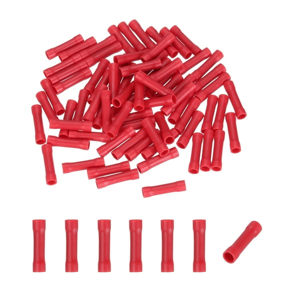 Uxcell 100 Pcs Fully Insulated Butt Connectors, BV2 1.5-1.5 Gauge Copper Wiring Crimps Terminals Kit, Straight Wire Terminals for Wire Connection Electrical, Red