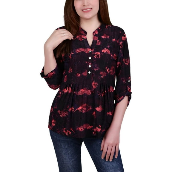 NY Collection Womens Petites Tie-Dye Pintuck Blouse