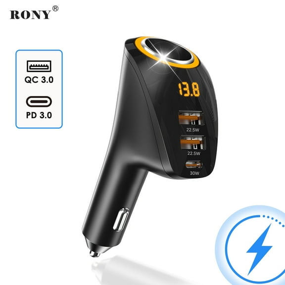 RONY 4-In-1 215W Cigarette Lighter Adapter, 12/24V Fast Car Charger with Voltage Detection Ambient Lighting for All Car Devices, Black