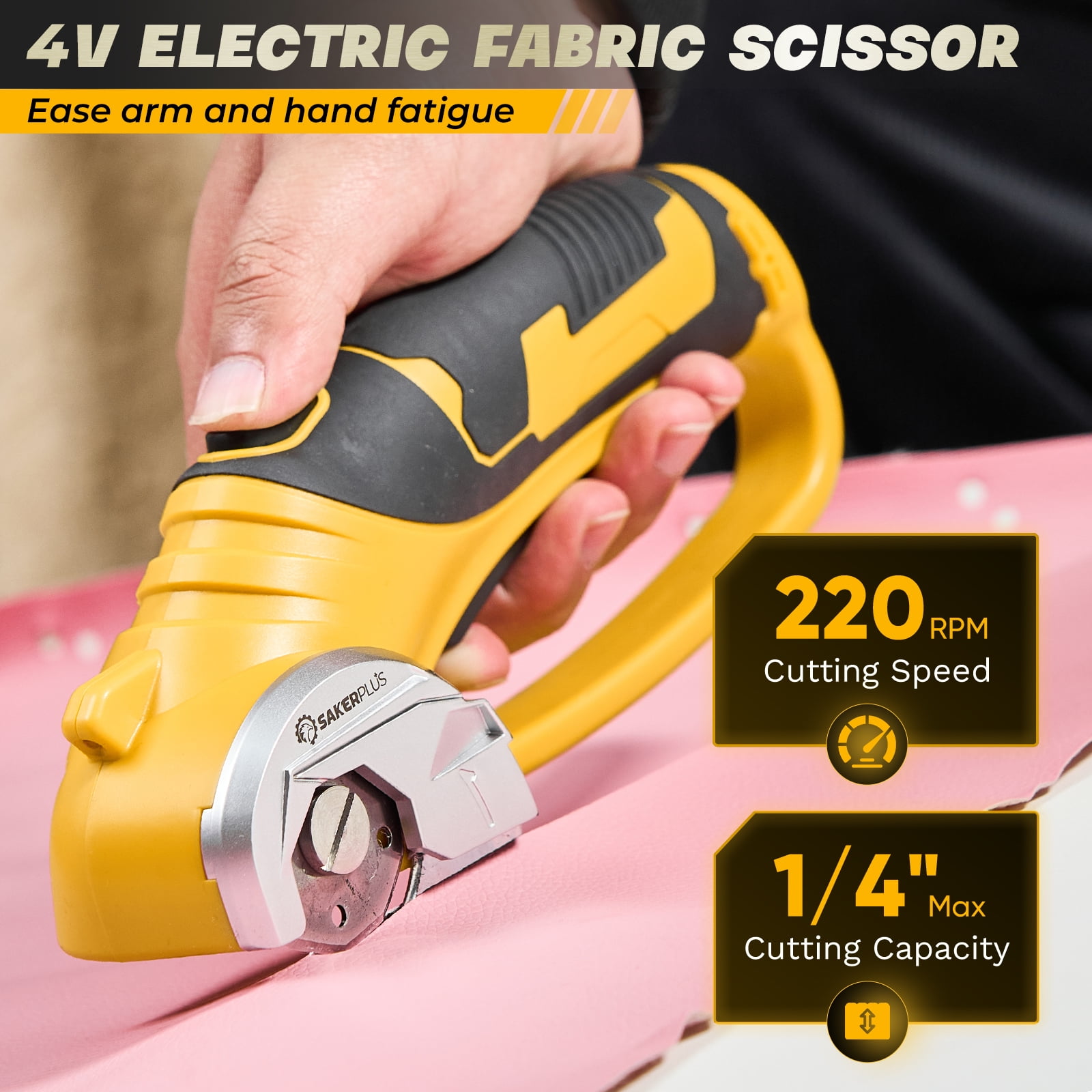Saker 4V Cordless Electric Scissors, Cardboard Cutter with Safety Lock, LED Light, 220RPM Rotary Cutter for Cardboard, Fabric, Box, Leather, Yellow