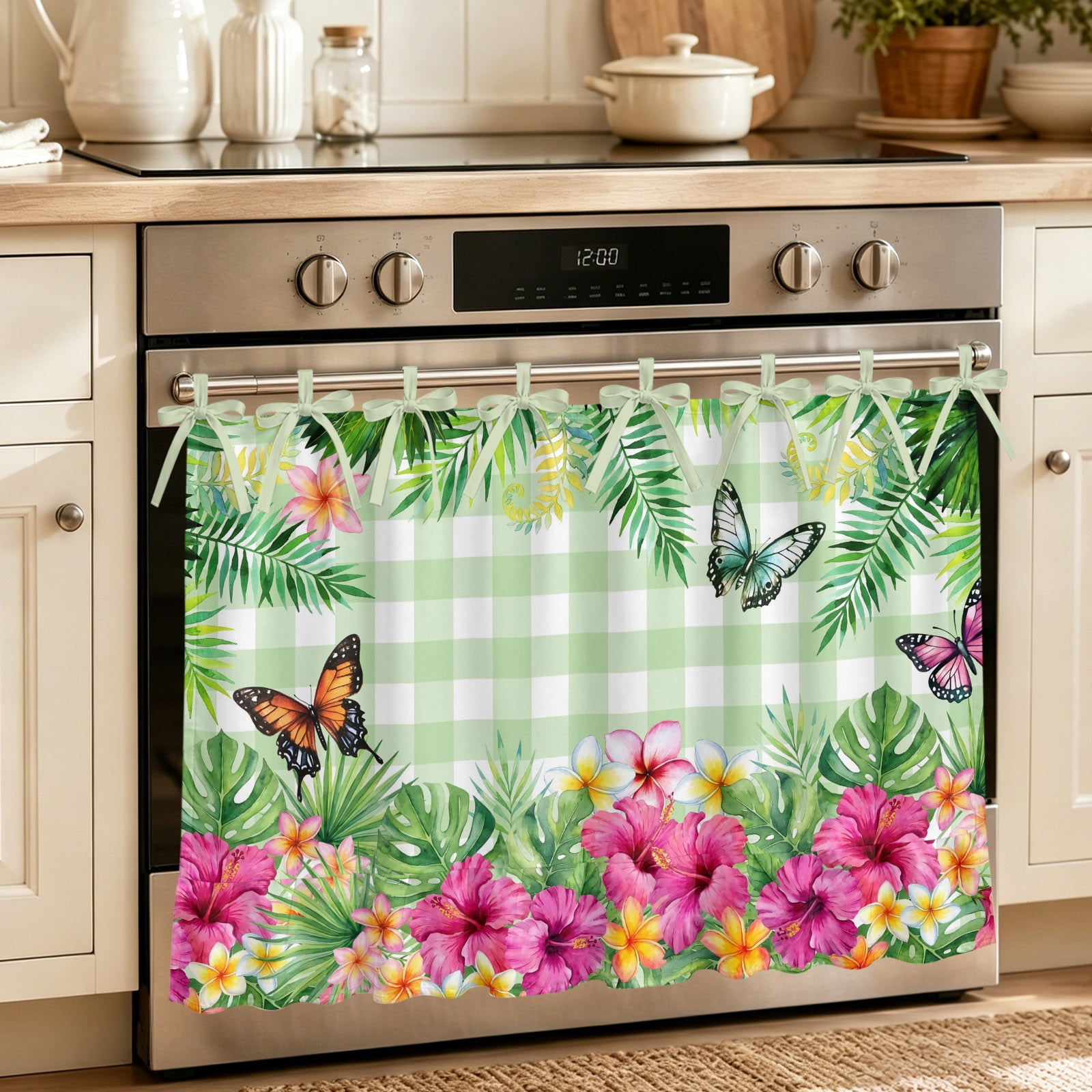 Oven Skirt Curtain for Kitchen 24x32 Inch Tropical Spring Oven Curtain with 8 Ribbon Ties & Ruffle Trim Stove Skirt Curtain Dishwasher for Cabinets Sinks Floral Leaves Butterflies Sage Green Plaid