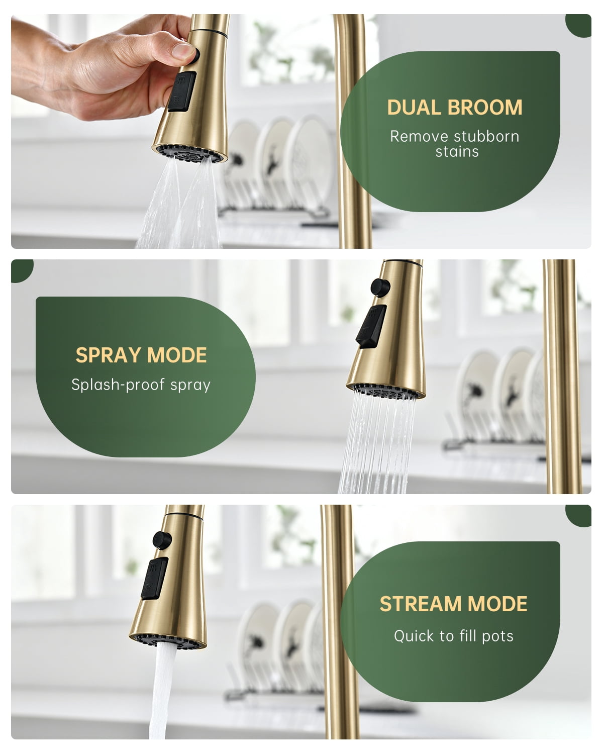 DAYONE Brushed Gold 2 Handle Kitchen Faucet with Pull Down Sprayer, 4 Holes Sink Faucets for Kitchen/RV with Soap Dispenser Stainless Steel