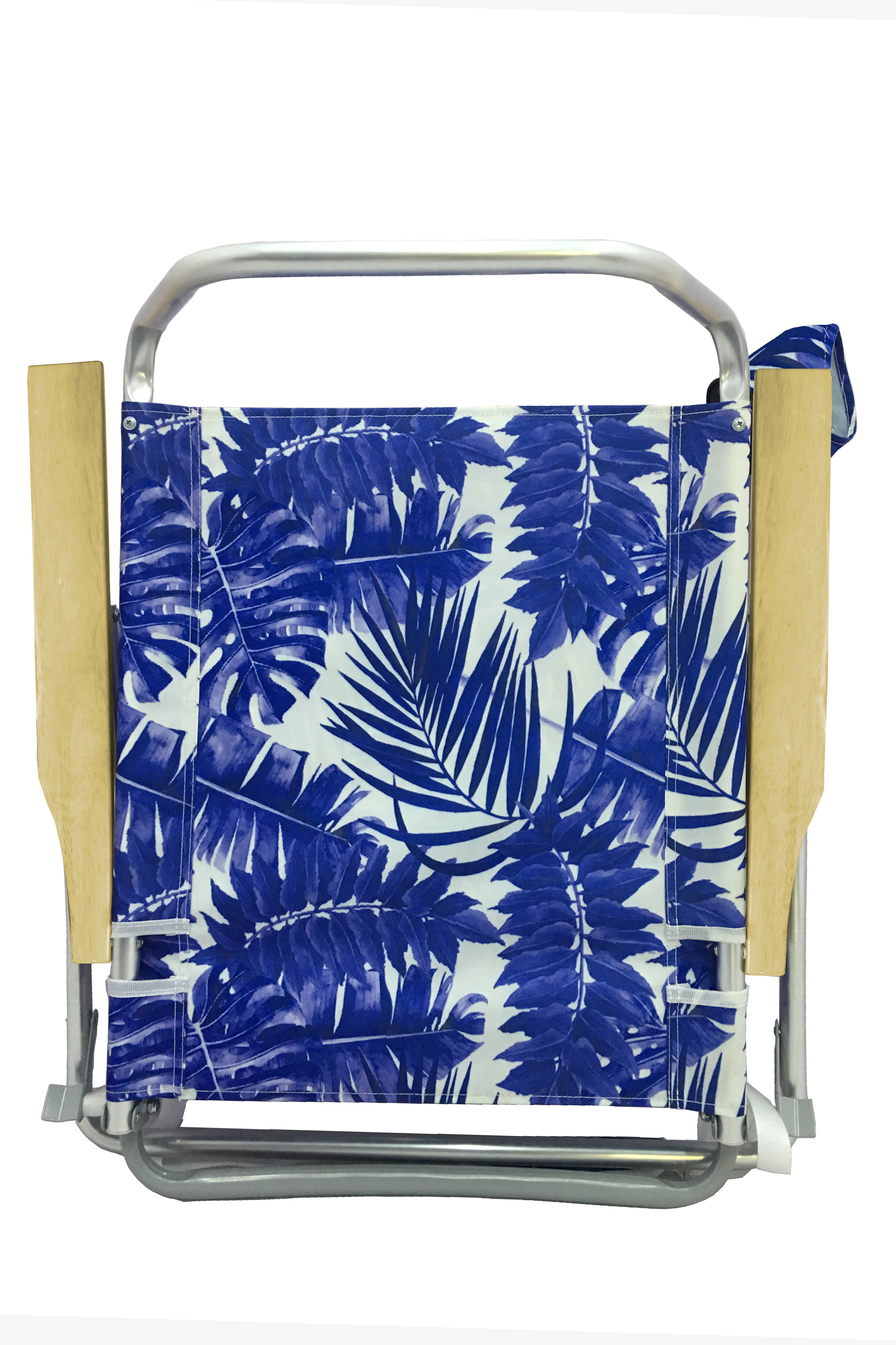 Mainstays Wood Arm Reclining Lay-Flat Beach Chair, Blue Palm