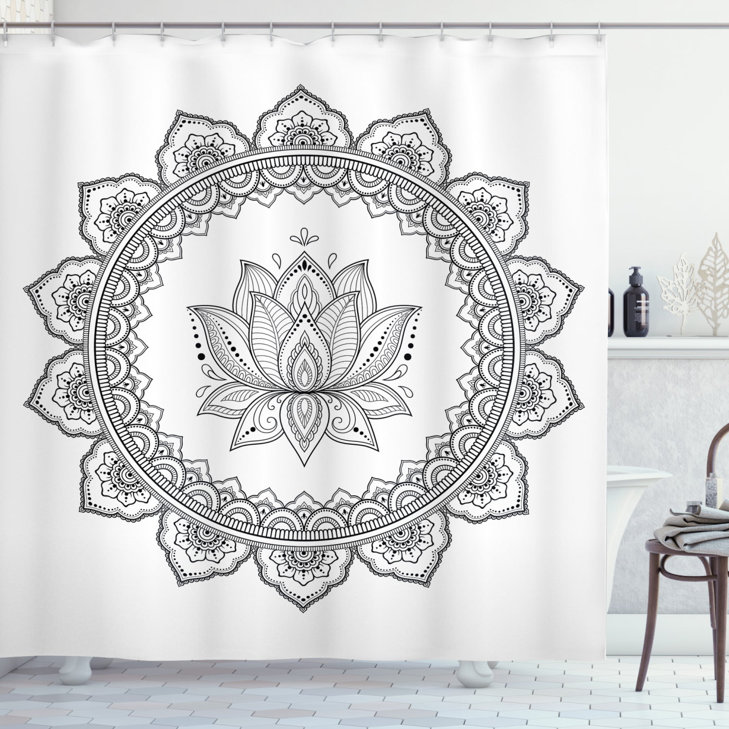72"x72'' Mandala Lotus Bathroom Waterproof Fabric Shower Curtain 12 Hooks & Mat 