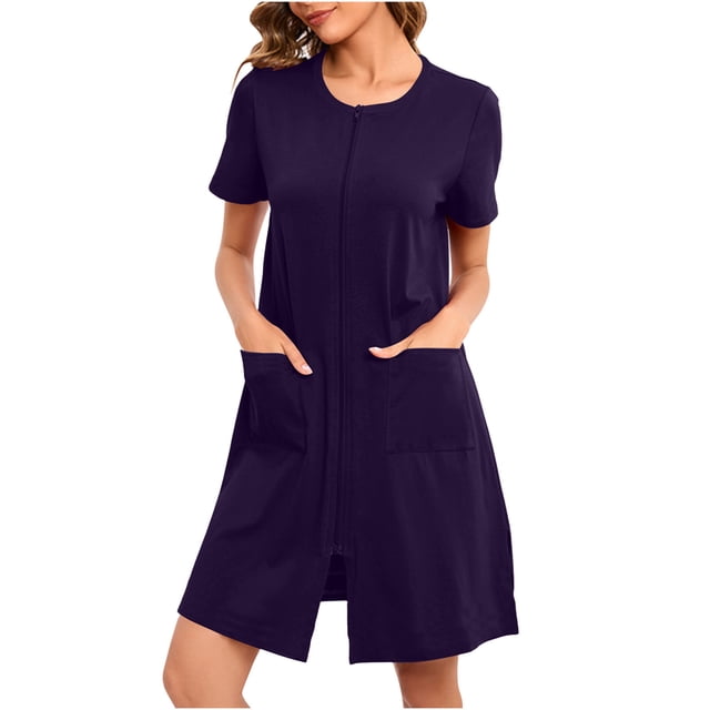 Karight Womens Zipper Front House Dress Short Sleeves Zip Up Bathrobes Lightweight Knee Length Short Housecoat Loungewear