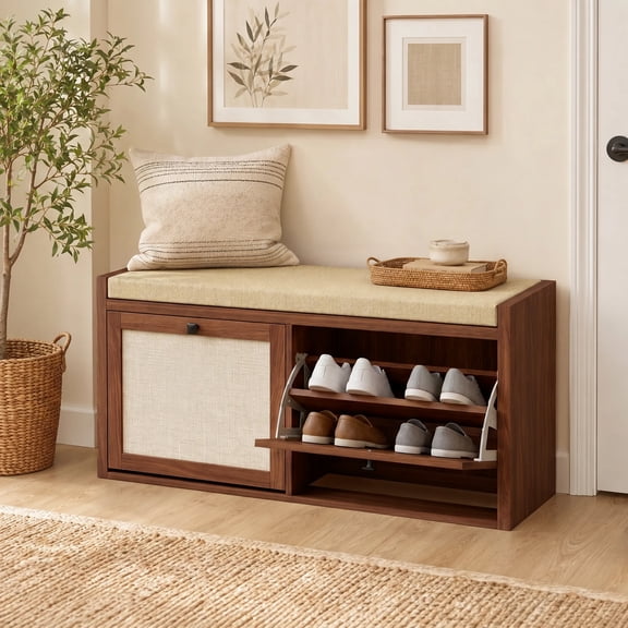HOMCOM Rattan Shoe Storage Bench with Padded Seat, Entryway Bench with Cabinets Brown