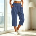 thumbnail image 2 of VBVC Women's Cotton Linen Elastic Waist Capri Pants , Summer Wide Leg Cropped Pants For Women,Ladies' Lightweight Trousers with Pockets,Navy,S-3XL, 2 of 8