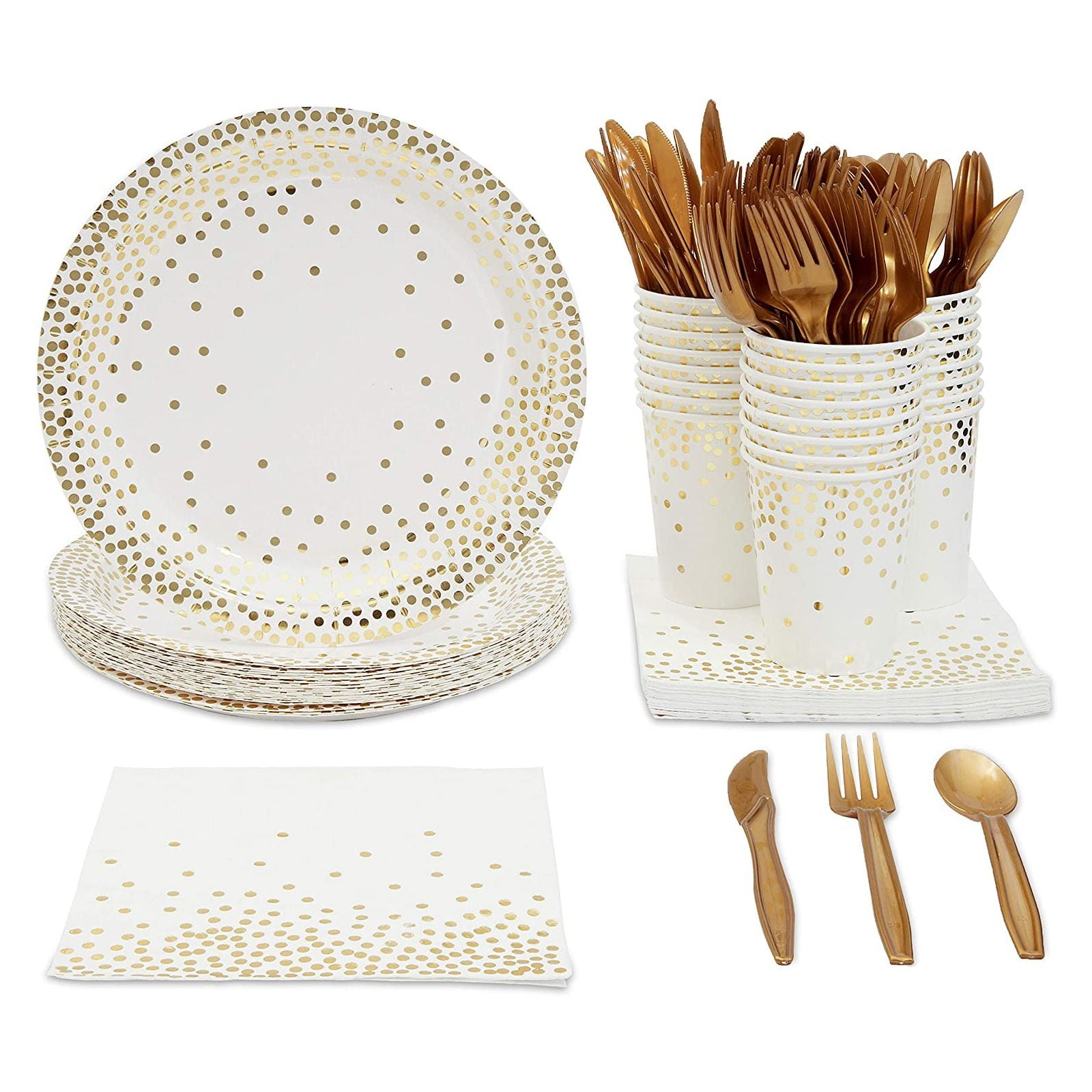 144 Piece Polka Dotted Gold Paper Plates, Napkins, Cups, Cutlery for Party Supplies, Serves 24