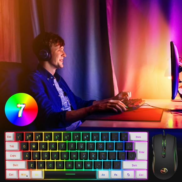 EGNMCR Mini 61-KEY Wired Mouse Keyboard White/Black Gaming Keyboard And Mouse Set Multi-Color Changing Backlight Keyboard 3200DPI Mouse Mice Set Gaming Keyboard