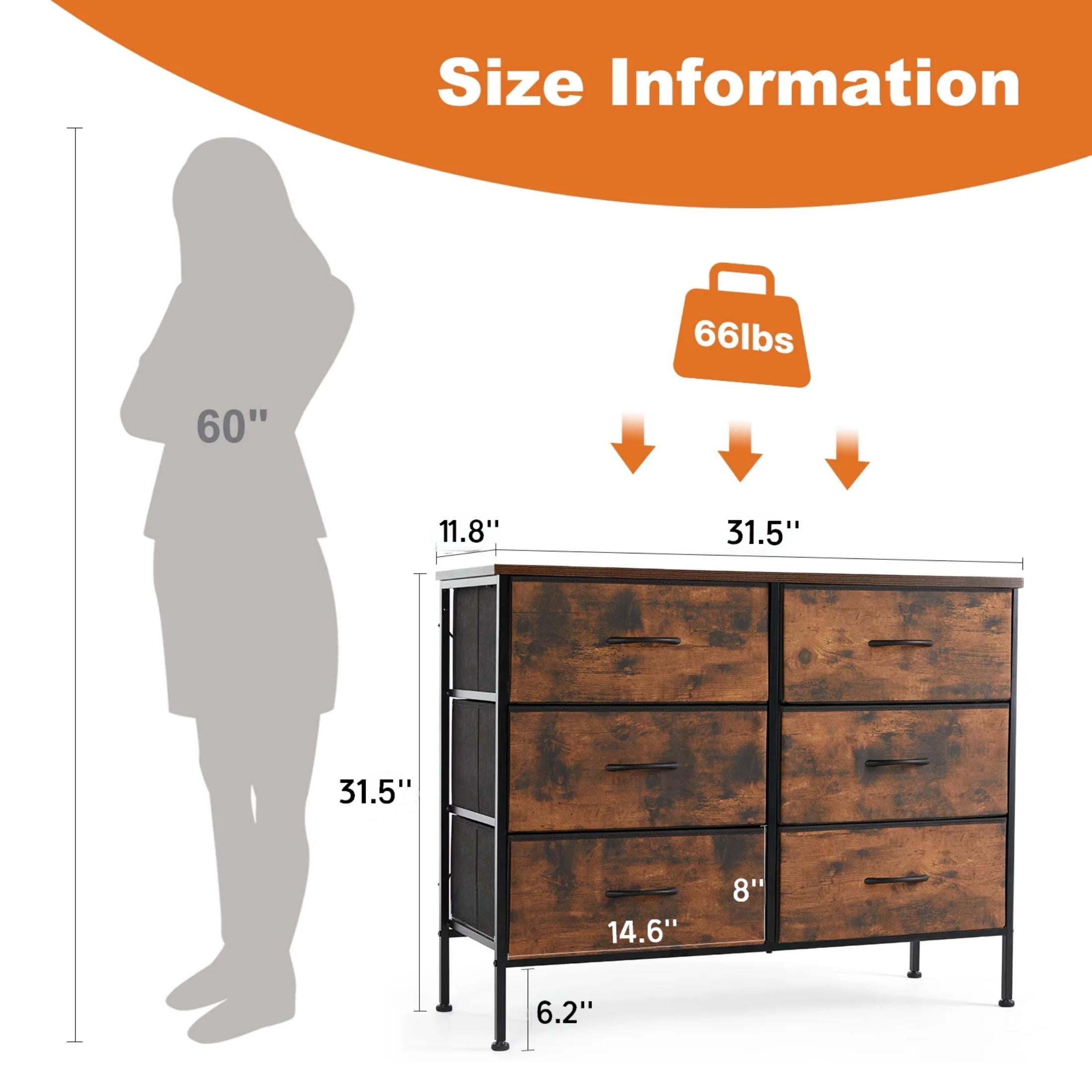 CONCETTA 6-Drawer Fabric Dresser Storage Chest for Bedroom, Closet, Storage Furniture for Adults, Rustic Brown